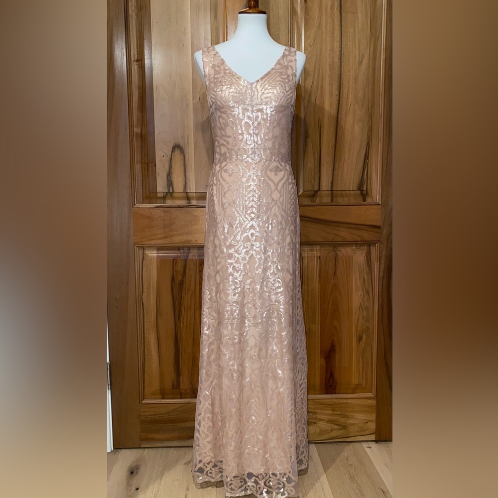 Wtoo - Rose-Gold Full-Length Formal Gown - Sequins/Mesh w/ Neutral Lining EUC 10